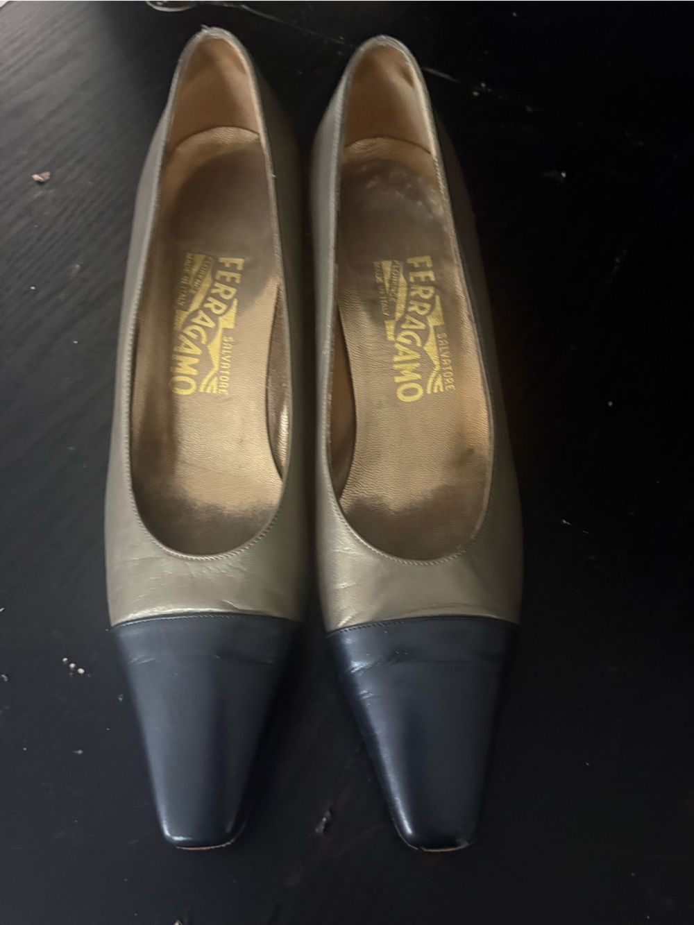 Salvatore Ferragamo Olive and Black Leather Cap-Toe Pumps